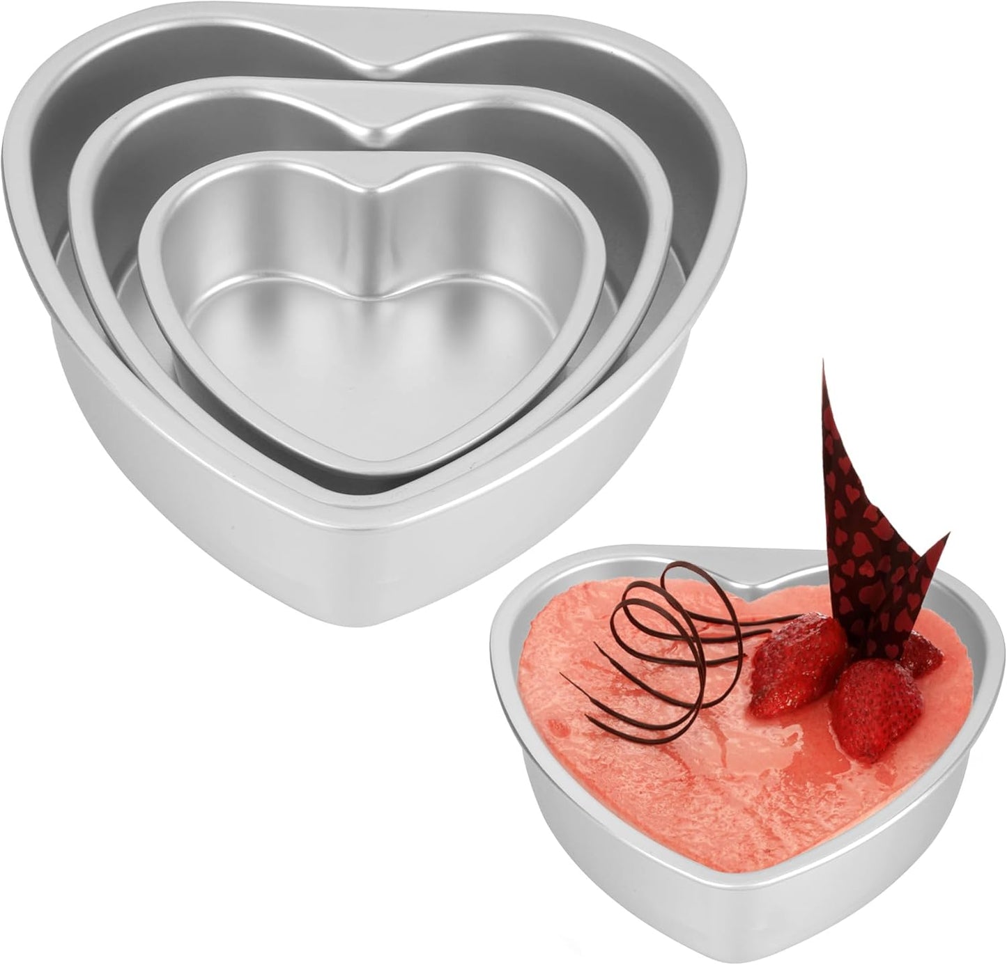 Set of 3 Heart Shaped Cake Pans, 6/8/10 Inch Aluminum Heart Baking Pan with Fixed Bottom,Hearts Cake Mold for Wedding, Party