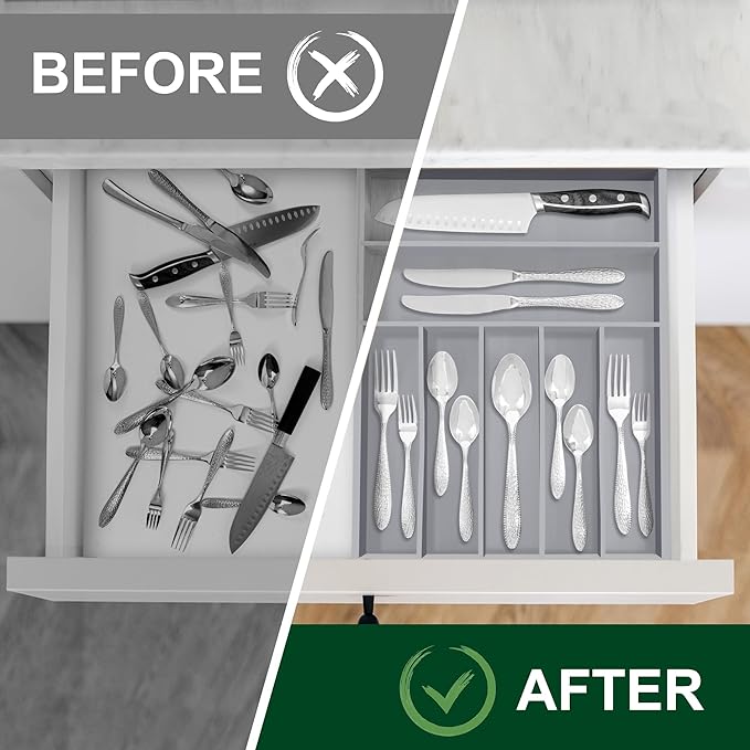 Bellsal Grey Utensil Organizer 12.5 Inch Silverware Tray for Drawer Utensil Holder Cutlery Organizer Kitchen Drawer Organizer 7 Compartment Small Narrow Bamboo