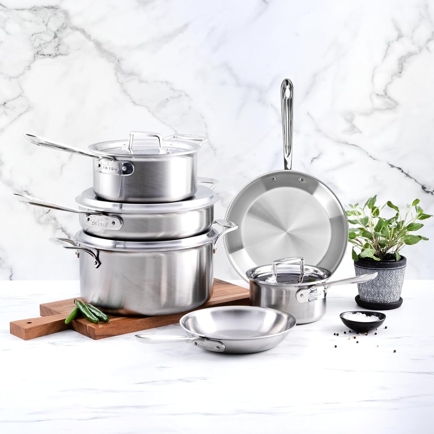 All-Clad D5 Brushed 5 Ply Stainless Steel Cookware Set 10 Piece w/ Frying Pans, Pots and Pans Set, Induction, Oven Broiler Safe 600F, Silver