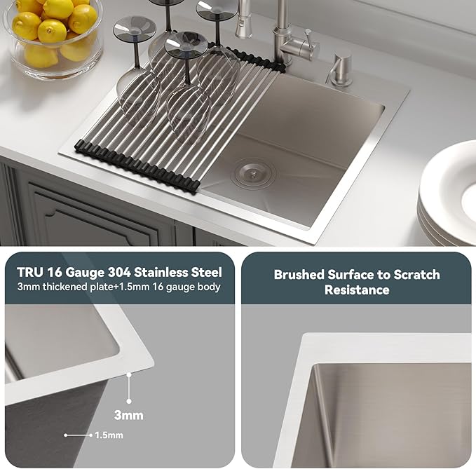 Lordear 25 Drop In Kitchen Sinks - 25 x 22 Single Bowl Stainless Steel 16 Gauge Topmount Over Counter Handmade Kitchen Laundry Room Utility Sink Basin