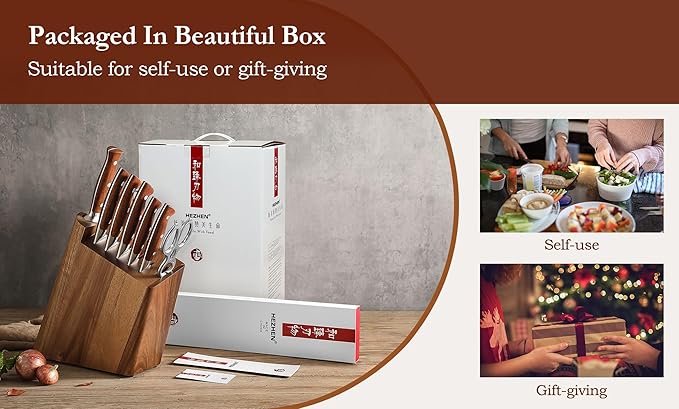 HEZHEN 8 PCS Kitchen Knife Block Set, German DIN 1.4116 Steel Knife Set with Block and Sharpener,Kitchen Shear, Ultra Sharp Blade,Red Wood Handle, Gift Packing