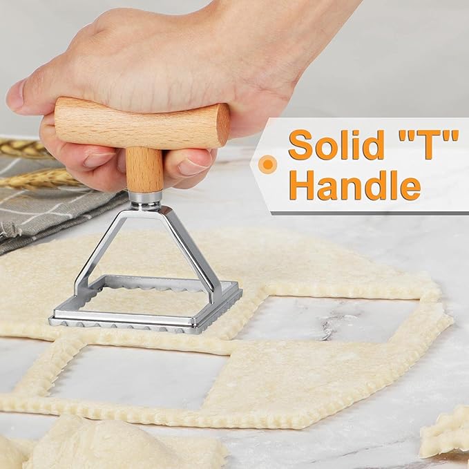 HULISEN Ravioli Cutter with Pasta Wheel Cutter, Ravioli Stamp Maker with Wooden Handle, Press Mold Kitchen Accessories, Gift Package(Set of 3)