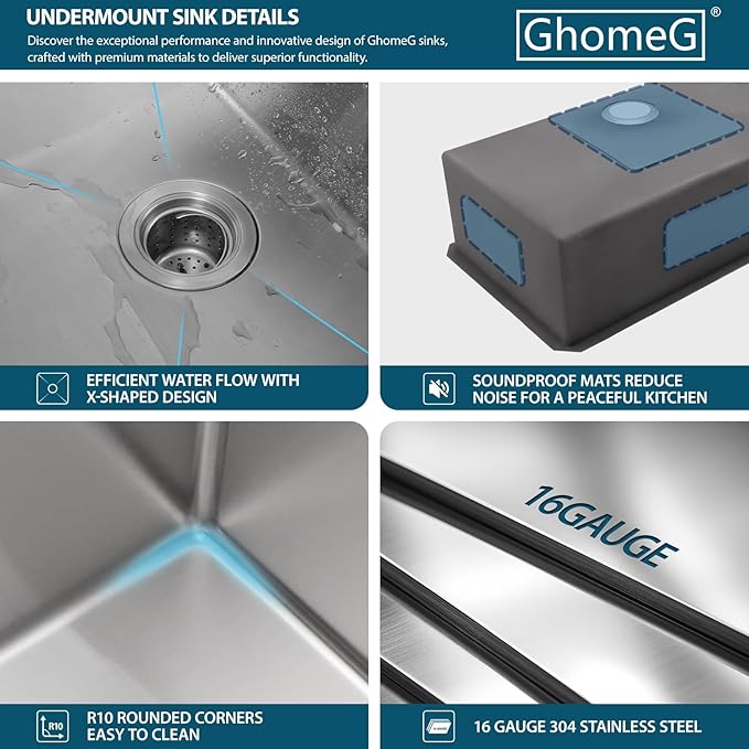 32x19 Undermount Kitchen Sink - GhomeG 32 Inch Deep Single Bowl kitchen sink 16 Gauge Stainless Steel Under Counter Kitchen Sink Basin With R10 Round Corners
