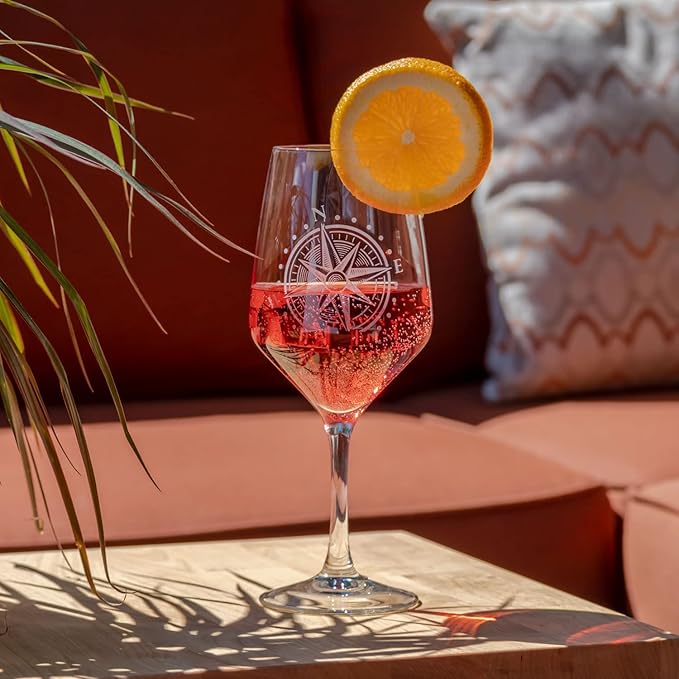 Rolf Glass Compass Star All Purpose Wine Glass | 19.5 Ounce Stemmed Wine Glass | Set of 4 Lead-Free Glassware | Nautical-Themed with Intricate Compass Star Design