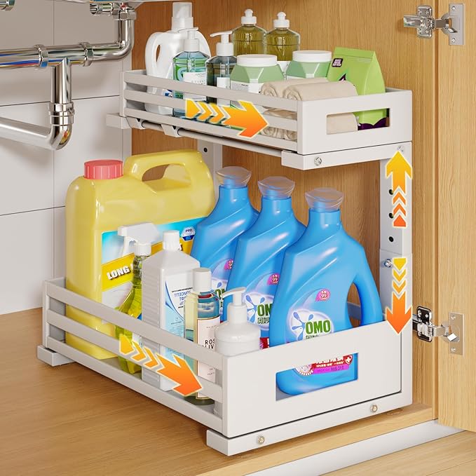 1-Pack Under Sink Organizers and Storage,2-Tier L Shape Pull Out Cabinet Organizer With Round Tube Slide Rails,Hight Adjustable Slide Out Drawers for Kitchen&Bathroom,Multi-Purpose Storage Shelf-White