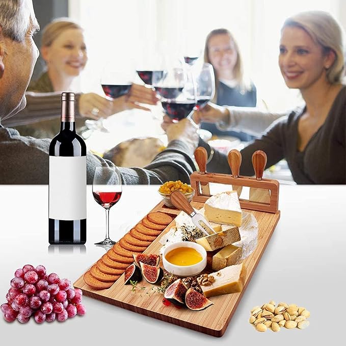 Bamboo Cheese Board Set, Cheese Tray, Charcuterie Board and Serving Meat Platter with 4 Stainless Steel Cheese Knives, Ideal for Wedding Gifts Christmas Birthday Party (14''x11'')