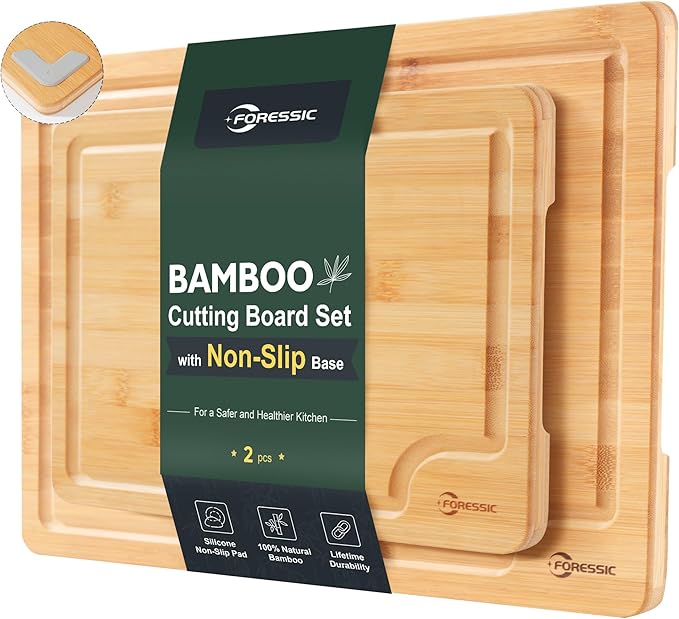 Wood Cutting Board Set Non Slip Feet Over Sink Natural Bamboo Set With Smooth Surface Knife-Friendly and Easy Storage Set of 2 Medium - Small Serving Kitchen Gadgets (Natural)