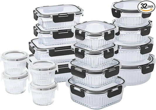 COOK WITH COLOR Premium 32-Pc. Borosilicate Glass Food Container Set with Dividers - 4 Rectangles, 8 Rounds, 4 Squares - Leakproof Lids - Meal Prep, Storage, Fluted Ombre Black