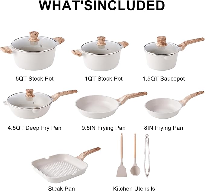 Caannasweis 20Pcs Cookware Sets, Nonstick Pots and Pans Set, Granite Induction Cookware, Non Stick Kitchen Cooking Set, Grayish White Grill Pan Set, PFOS PFOA Free