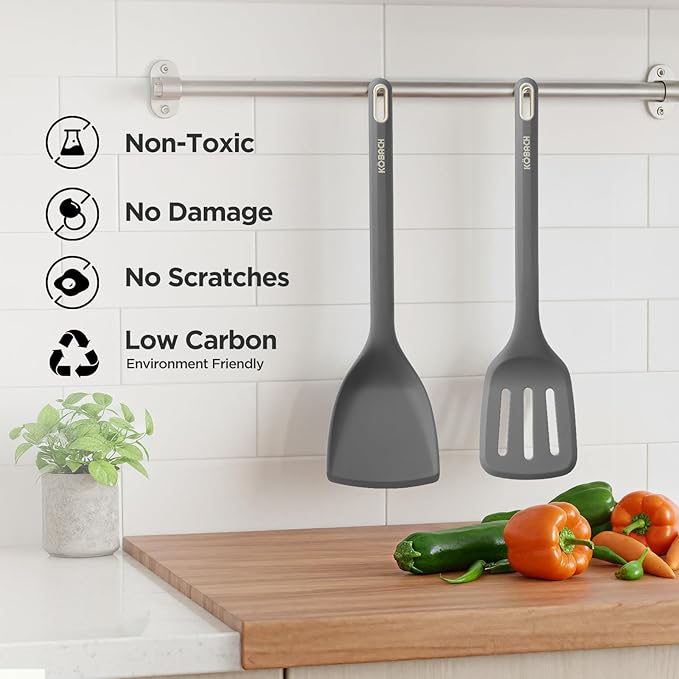 2 Pack Silicone Spatula, Heat Resistant 600°F Silicone Spatulas Set,Turner & Slotted Spatula for Non Stick Frying Pan, Food Grade Kitchen Utensils set for Flipping, Stir-Fry, Cooking & Baking