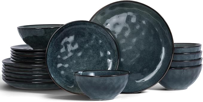 Famiware Ocean Round Plates and Bowls Set, 18 Pieces Dinnerware Sets, Dishes Set for 6, Reactive Glaze, Microwave and Dishwasher Safe, Scratch Resistant, Deep Forest