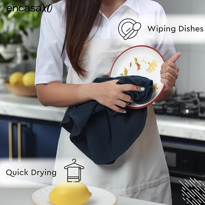 Encasa XO Kitchen Dish Towels Set | Navy Blue | Waffle Weave and Flat Hand Tea Towel | 28"x18" | Quick Drying Reusable Cotton Washcloths | Multipurpose Lightweight Dishcloths Set of 4