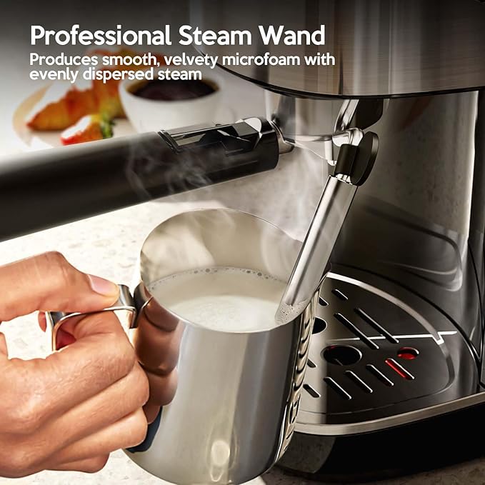 20 Bar Espresso Machine Semi-Automatic, Professional Coffee Maker with Milk Frother Steam Wand & 45OZ Removable Water Tank, Home Barista System for Cappuccino, Latte, Americano-Stainless Steel