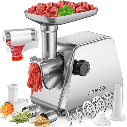 AIRMSEN Electric Meat Grinder & Tomato Sauce Press Maker with Strainer - Heavy Duty Food Mill Machine for Grinding Meat, Making Tomato Sauce, Sausage, Kibbeh for Home Kitchen Use