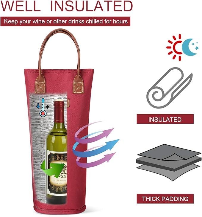 Single Bottle Insulated Wine Tote, 1 Bottle Wine Carrier Bag Padded Wine Cooler Perfect Wine Lover's or Wedding Gift-Red