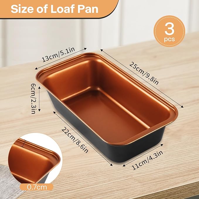 3-Pack 9x5 Loaf Pan for Baking Bread, Nonstick Bread Pan With Copper & Black Two-Tone Finish Perfect for Homemade Bread, Meatloaf, Pound Cake