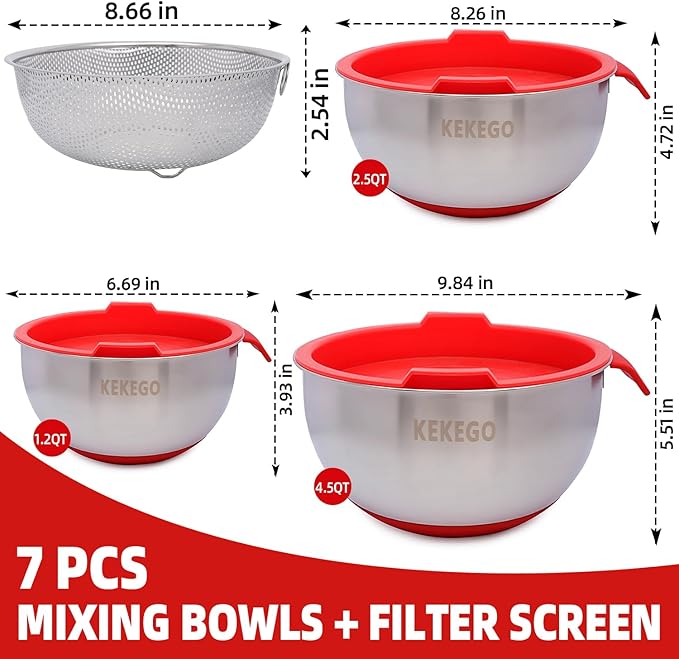 7-Piece Stainless Steel Mixing Bowls Set with Handles, Nesting Metal Bowls with Lids & Strainer, Non-Slip Base for Baking, Cooking & Meal Prep – Great Holiday Kitchen Gift (1.2/2.5/4.5 QT)