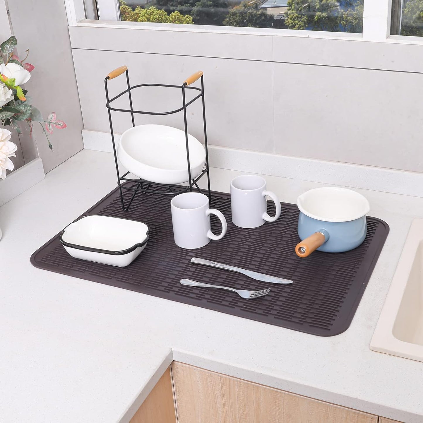 Silicone Dish Drying Mat for Multiple Usage,Easy clean,Eco-friendly,Heat-resistant Silicone Mat for Kitchen Counter or Sink,Refrigerator or Drawer Liner Coffee 3XL 28 inches x 18 inches