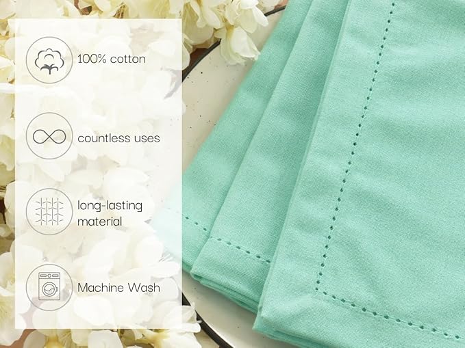 PurpleEssences Set of 6 Hemstitch Cloth Dinner Napkins 100% Cotton - Soft Durable Washable - Ideal for Wedding Christmas Holiday Winter - Perfect Everyday Use Table Linen 18x18 - Turquoise