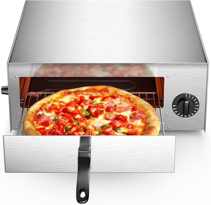 S AFSTAR 1450W Electric Pizza Oven, Stainless Steel Pizza Oven Countertop with Insulated Handle & Removable Tray, Commercial Pizza Maker Fits Pizzas up to 12" Diam for Restaurant Home Party