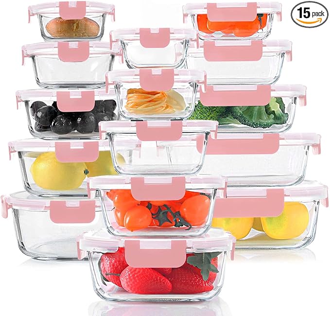 KOMUEE 30 Pieces Glass Food Storage Containers Set, Meal Prep Containers Set with Snap Locking Lids, Airtight Glass lunch Containers, Microwave, Oven, Freezer & Dishwasher,Pink