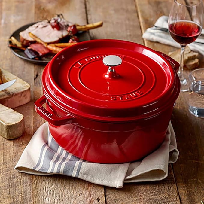 STAUB Cast Iron Dutch Oven 5.5-qt Round Cocotte, Made in France, Serves 5-6, Cherry