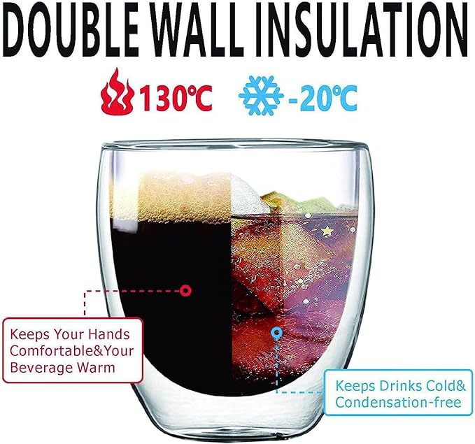 8oz Glass Coffee Mugs Set of 2, Double Walled Espresso Cups for Latte Cappuccino Cocoa Milk Cafe Juice, Clear Glass Tea Cup Set Glassware Gift for Christmas Birthday