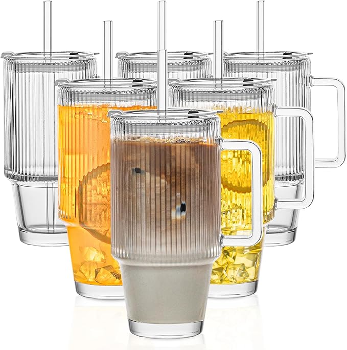 KEMORELA 6-Pack 24oz Glass Cups with Lids and Straws, Ribbed Textured Tumblers with Handle, Reusable Clear Drinking Glasses for Iced Coffee, Bubble Tea, Dishwasher Safe, Drinkware Set