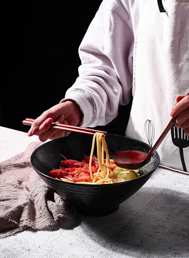 Kanwone Ceramic Japanese Ramen Bowl Set, Noodle Soup Bowls - 60 Ounce, with Matching Spoons and Chopsticks for Udon Soba Pho Asian Noodles, Set of 2, Black