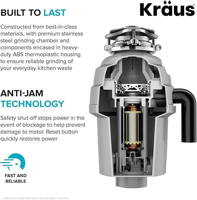 KRAUS WasteGuard High-Speed 3/4 HP Continuous Feed Ultra-Quiet Motor Garbage Disposal with Power Cord and Flange Included and Universal Mount, KWD210-75MGR