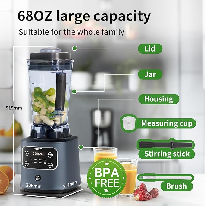 TOKIT B3 Countertop Mixer Blenders for Kitchen 8 Preset Programs 1200W Smoothy Blender Machine 68 Oz Large Capacity Professional Glass Blender for Shakes and Smoothies, Juicer, Ice, Frozen Drinks