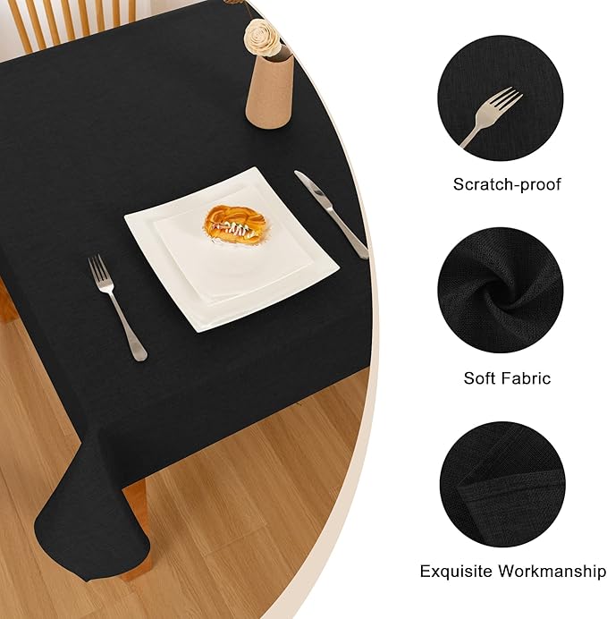 Hiasan Faux Linen Rectangle Tablecloth - Wrinkle and Stain Resistant Washable Table Cloth for Kitchen Dining Room Holiday Table Cover for Dinner, Black, 60 x 140 Inch