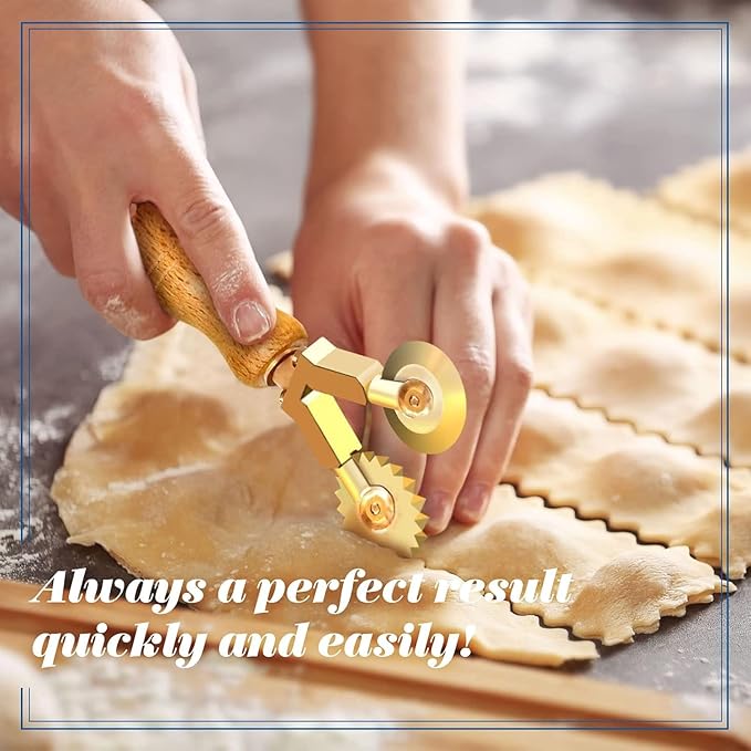 La Gondola Homemade Pasta Cutter - Double Wheel (Festooned & Smooth) | Pasta Making Tool for Home and Business | Brass & Natural Wood | Easy to Use Pasta Cutting Tool | Ravioli Cutter Made in Italy