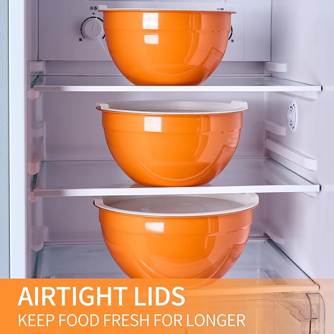 Orange Mixing Bowls with Airtight Lids, Stainless Steel Nesting Mixing Bowls Set of 7, Ideal for Baking, Prepping and Serving Food, Size 7, 3.6, 2.7, 2.1, 1.5, 1.1,0.8 QT, Stackable Design