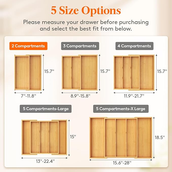 Lifewit Utensil Drawer Organizer, Expendable Cooking Silverware Tray for Kitchen Drawer, Bamboo Adjustable Cutlery Flatware Holder, Spatula Tools and Gadgets Storage Divider, 3 Compartments, Natural