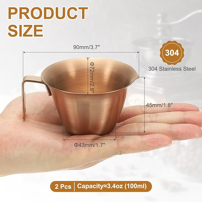 uxcell 2 Pcs Stainless Steel Espresso Cup with Handle, V-Shaped Mouth Espresso Measuring Cup with Scale for Preparing Coffee, Cocktails, 3.4OZ/100ML (Rose Gold)