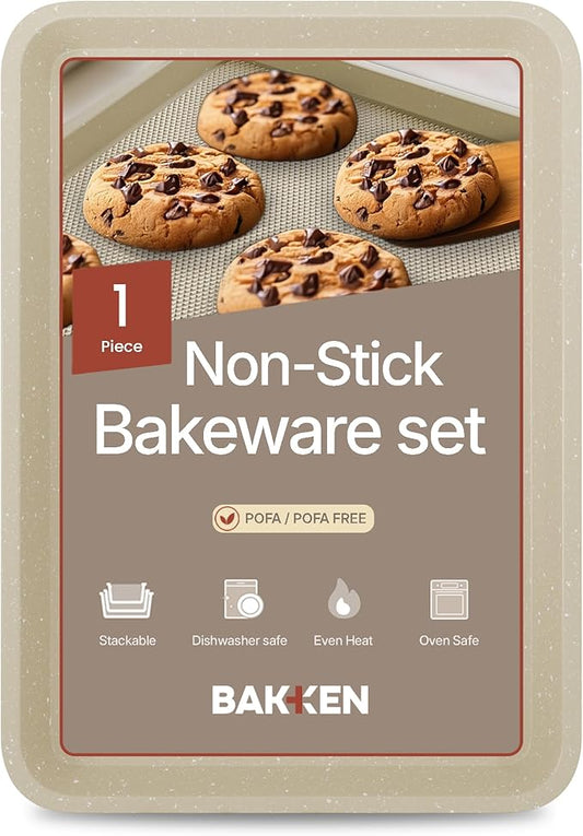 BAKKEN Kitchen Baking Pans - Nonstick White Coating, 13.58’’ × 9.65’’ Commercial Grade Carbon Steel Cookie Sheet, Diamond Texture Bottom, PFOA, PFOS, PTFE Free, Oven Safe Tray (450°F), White Marble