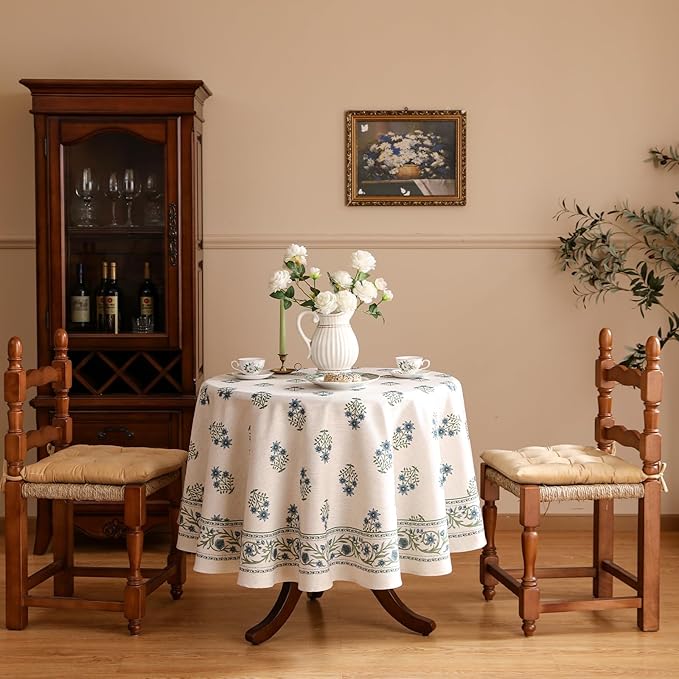 Floral Tablecloth for Round Tables,Linen Table Cloth with Blue Flowers and Green Leaves Pattern,Heavy Durable Table Cover for Dining Kitchen Decor Party Christmas,Diameter 67"