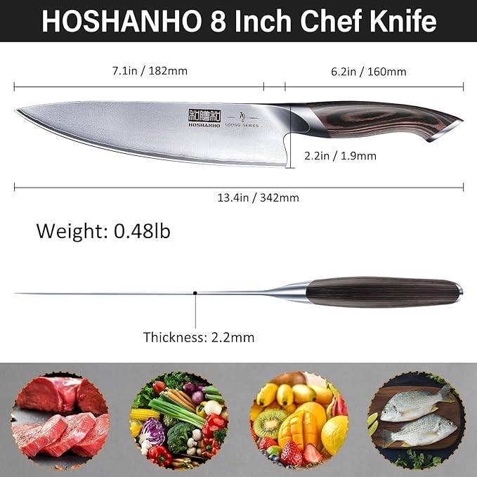 HOSHANHO Kitchen Knife in Japanese High Carbon Steel, Professional High-Class Chef's Knife 8 inch, Non-slip Ultra Sharp Cooking Knives with Ergonomic Handle