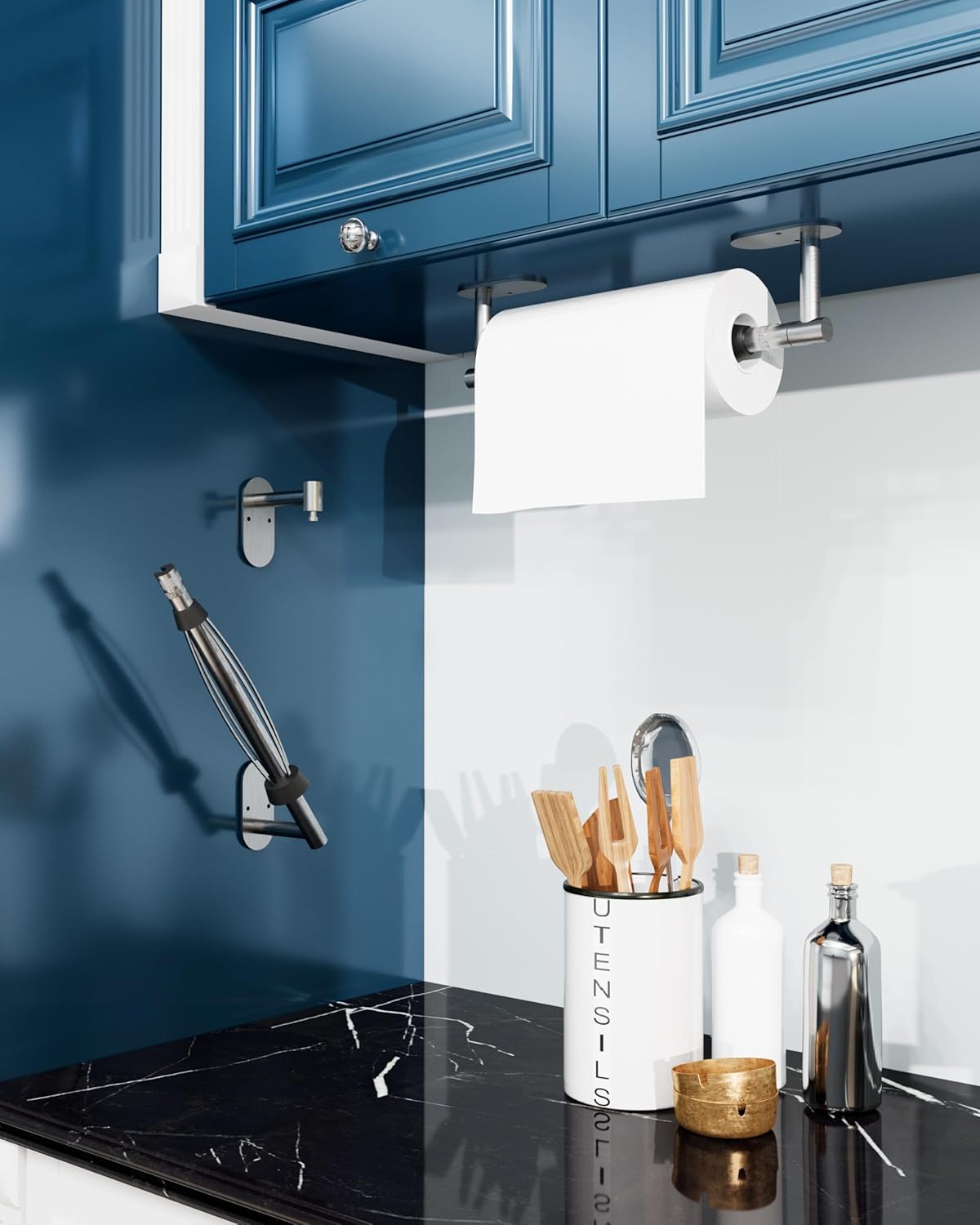 Paper Towel Holder Under Cabinet, Single Hand Operable Roll Holder with Damping Effect,No Drilling or Wall Mounted SUS304 Stainless Steel for Kitchen Bathroom (Sliver)