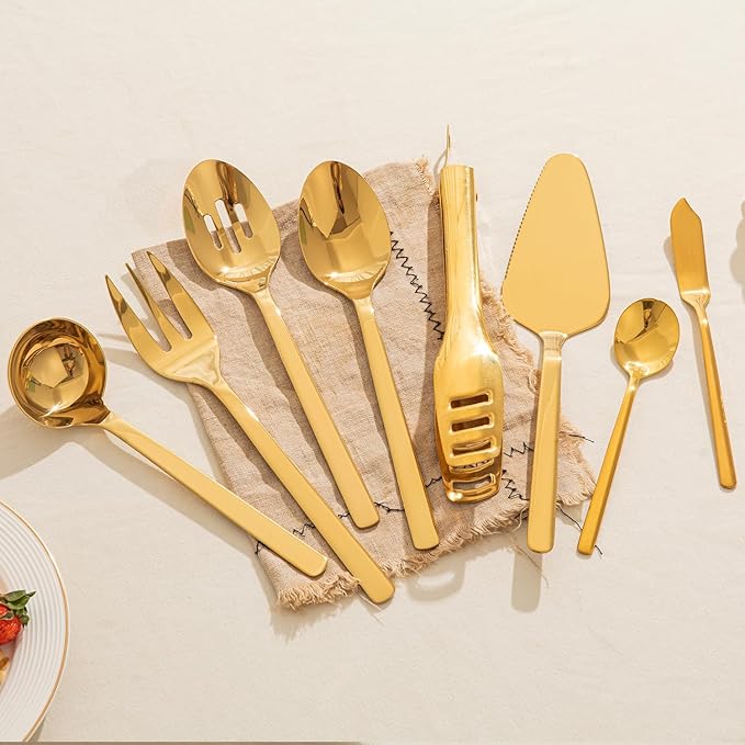 KINGSTONE Large Hostess Gold Serving Utensils Set, 18/10 Stainless Steel -10 inch Serving Spoons, Slotted Spoons, Forks, Tongs, Cake Pie Server, Butter Knife, Sugar spoon for Buffet, Wedding, Party