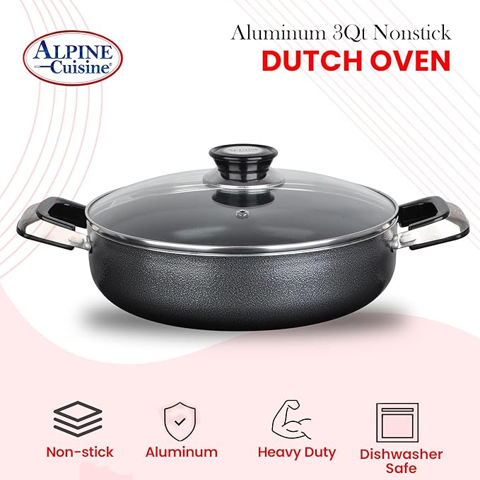 Alpine Cuisine 3 Quart Non-stick Caldero Stock Pot with Tempered Glass Lid and Carrying Handles, Multi-Purpose Cookware Aluminum Dutch Oven for Braising, Boiling, Stewing