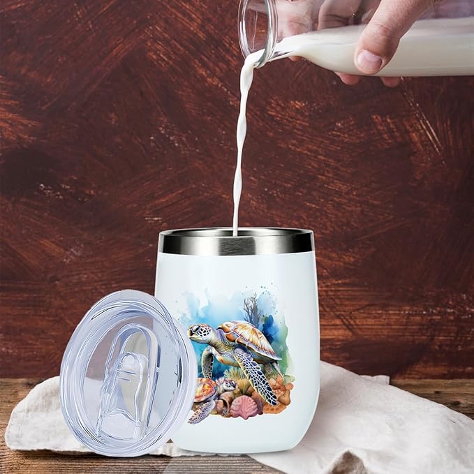 Sea Turtle Gifts for Women Men Sea Turtle Decor Stuff Wine Tumbler Insulated Wine Glasses 12 oz Tumbler with Lid for Women Men Turtles Lovers Female Girl Mom Coworker Birthday Christmas Friendship