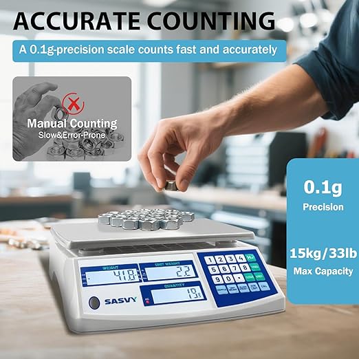 Counting Scale (33lb/15kg, 0.1g) lb/kg/g Industrial Digital Inventory Scale with Battery for Small Parts, Coins, Pieces, Tickets