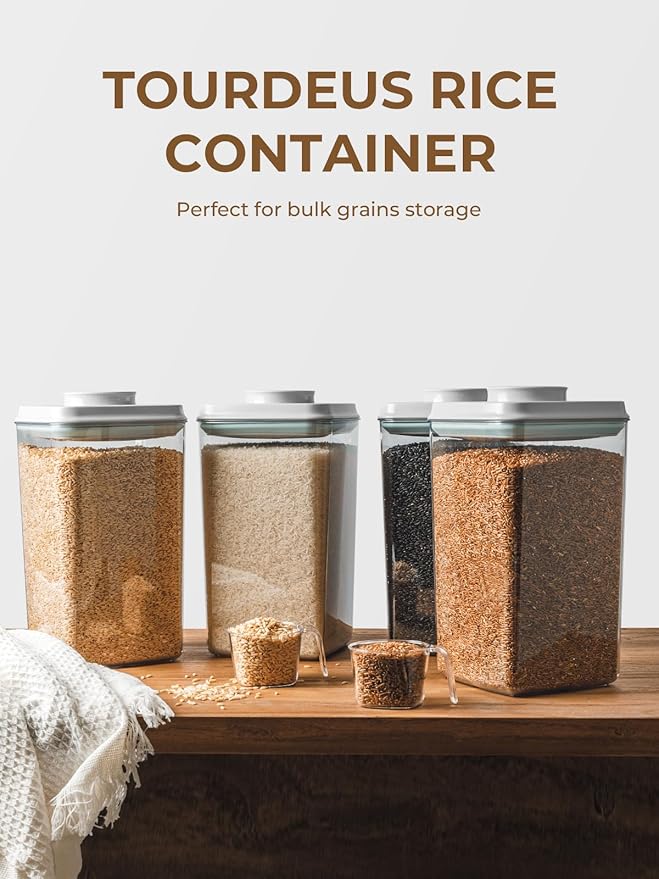 Large Rice Storage Container, 4 Pack Airtight Pop Food Holder with Lid & Measuring Scoop, 4L/6.06Lbs Flour Dispenser for Dry Food Storage and Kitchen Pantry Organization