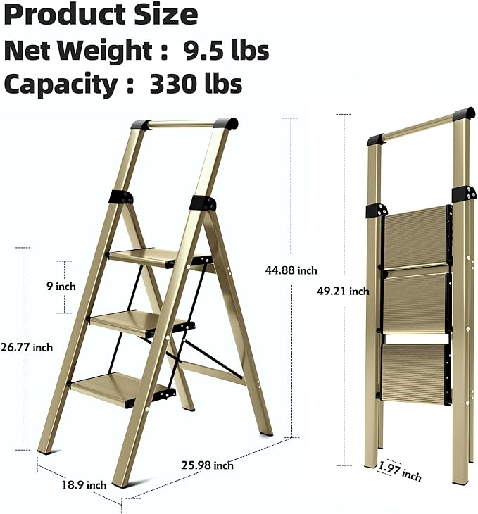 HillhutApex 3 Step Foldable Aluminum Step Ladder with Handgrip, Anti-Slip Pedal, 330 lbs Capacity, Lightweight & Portable for Home, Kitchen, Office, Garage (Gold)