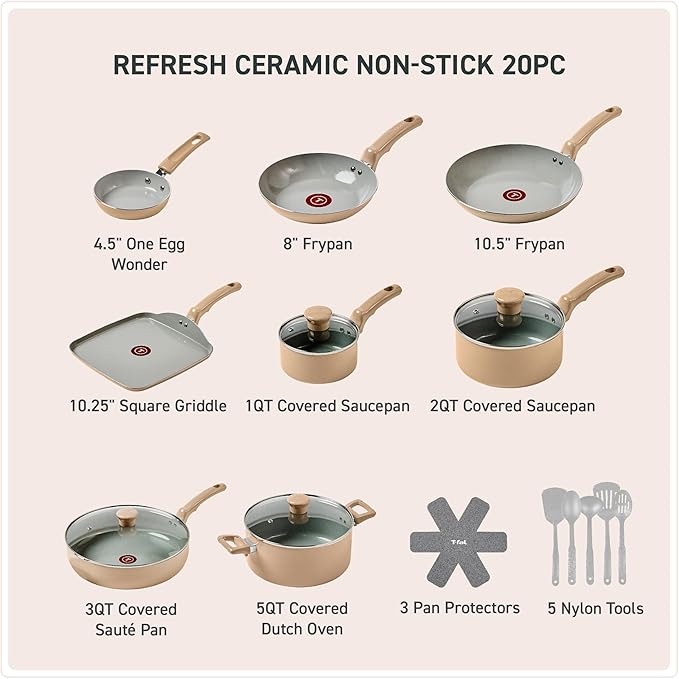 T-Fal Refresh Ceramic Nonstick Cookware Set, 20-Piece, Oven Safe to 350°F, Stockpot, Ceramic Pots and Pans Set, Frying Pans, Griddle, Utensils, Sand Beige