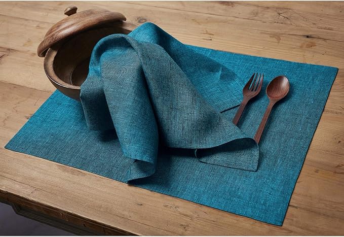 Solino Home Linen Napkins Set of 4-100% Pure Linen Chambray Teal Dinner Napkins Cloth 20 x 20 Inch for Fall, Autumn, Thanksgiving - Athena, Handcrafted and Machine Washable