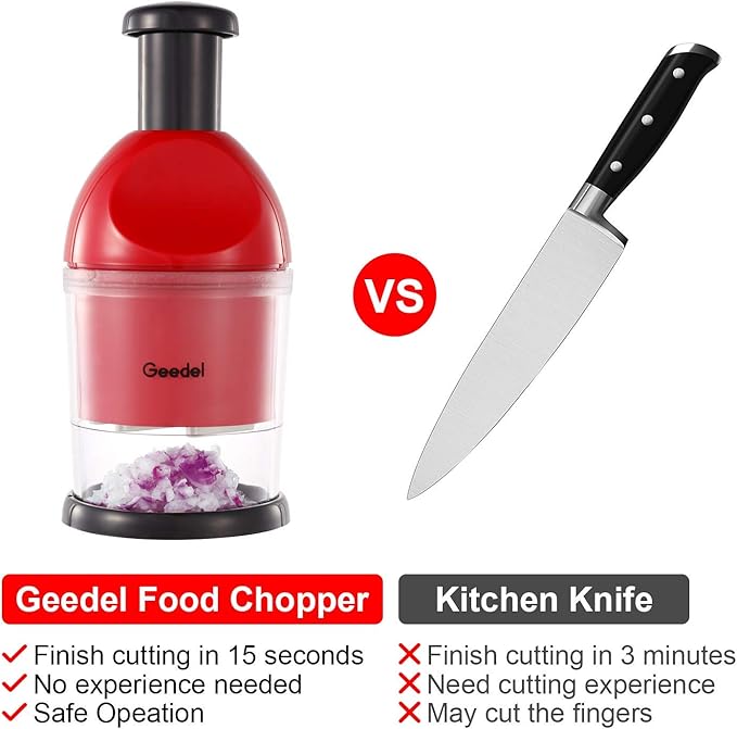 Geedel Food Chopper, Easy to Clean Manual Hand Vegetable Chopper Dicer, Dishwasher Safe Slap Onion Chopper for Veggies Onions Garlic Nuts Salads Red