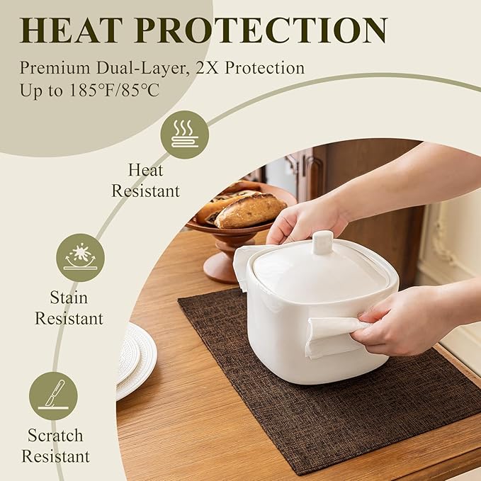 KXN Placemats Set of 4, Dual-Layer Thickened Faux Linen Table Mats, Heat Resistant & Wrinkle-Free, Machine Washable Cloth Place Mats for Kitchen Dining Indoor Outdoor (Brown)